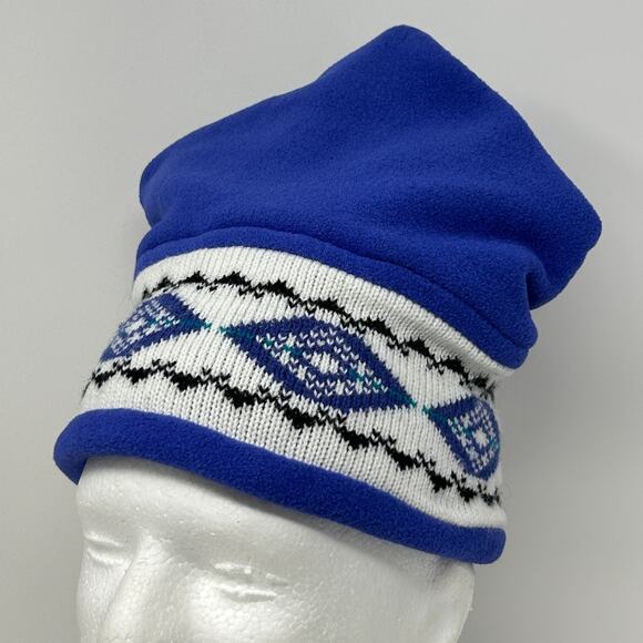 Vintage 90s The Mews Beanie Winter Hat Toque Ski Nordic Fair Isle Polartec Blue - Picture 1 of 10
